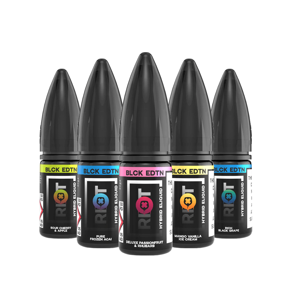 Five Riot Squad Black Edition vape juice bottles in assorted flavours.