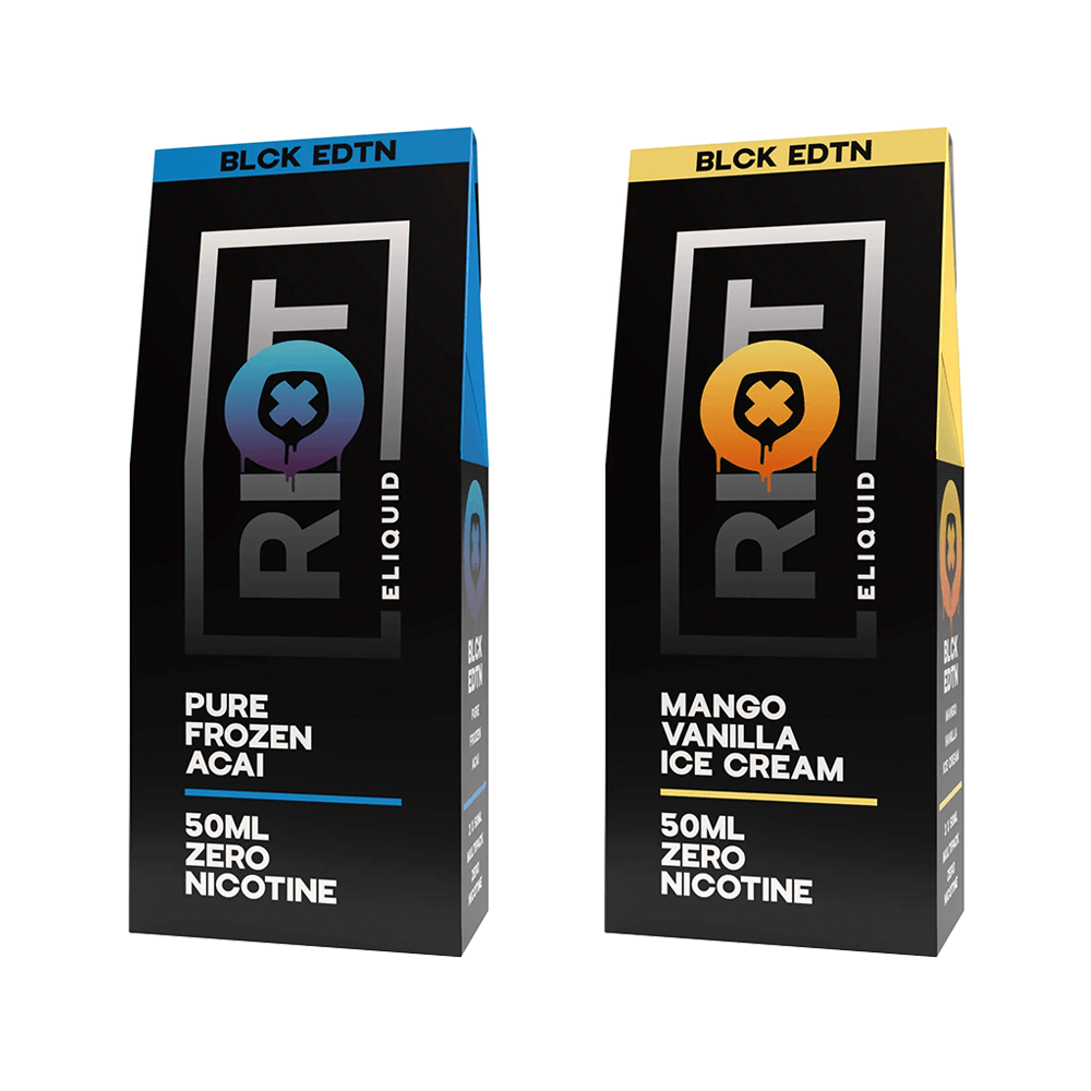 Two Riot Squad Black Edition e-liquid boxes: Pure Frozen Acai and Mango Vanilla Ice Cream.