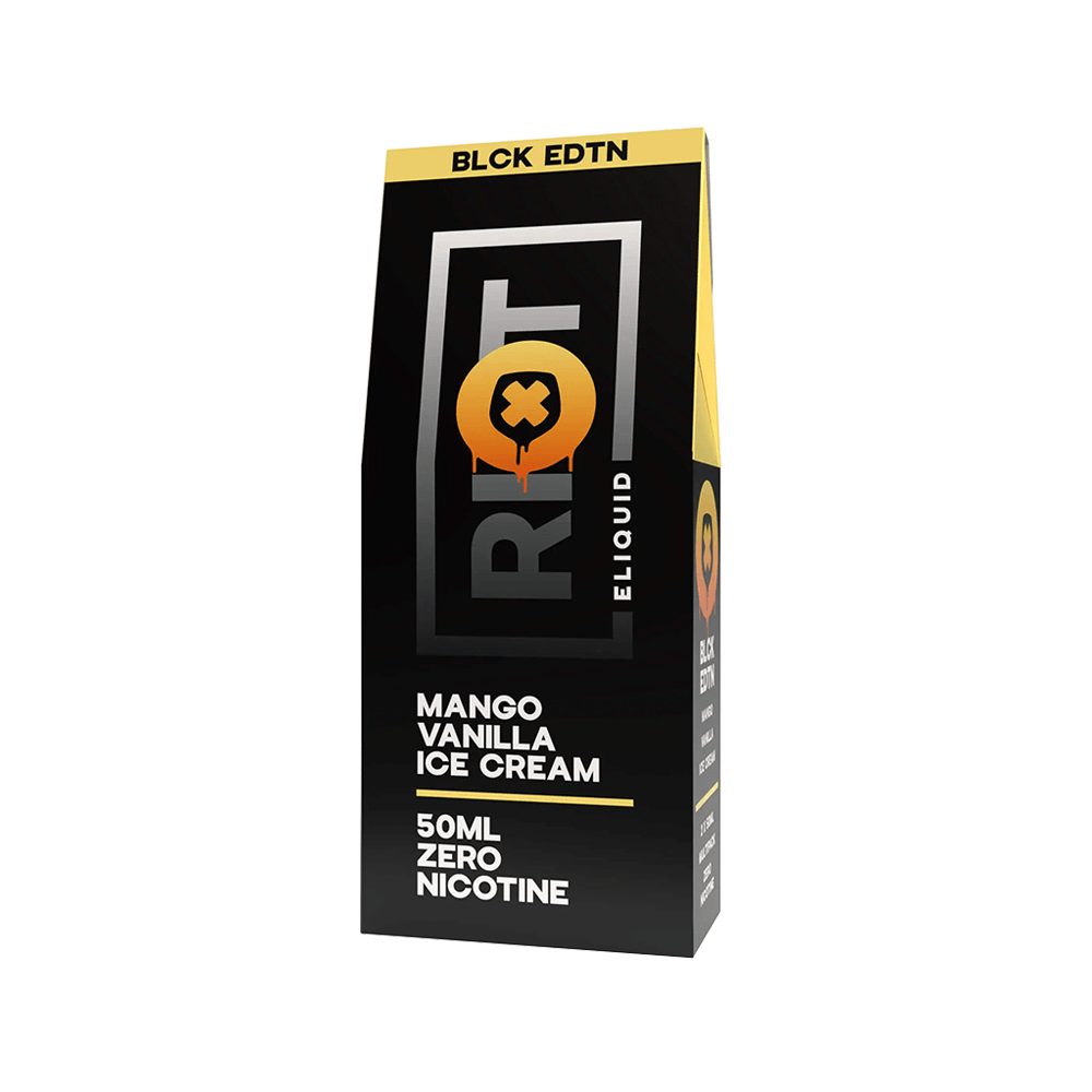 Riot Squad Black Edition e-liquid box, Mango Vanilla Ice Cream flavour, 50ml, zero nicotine.