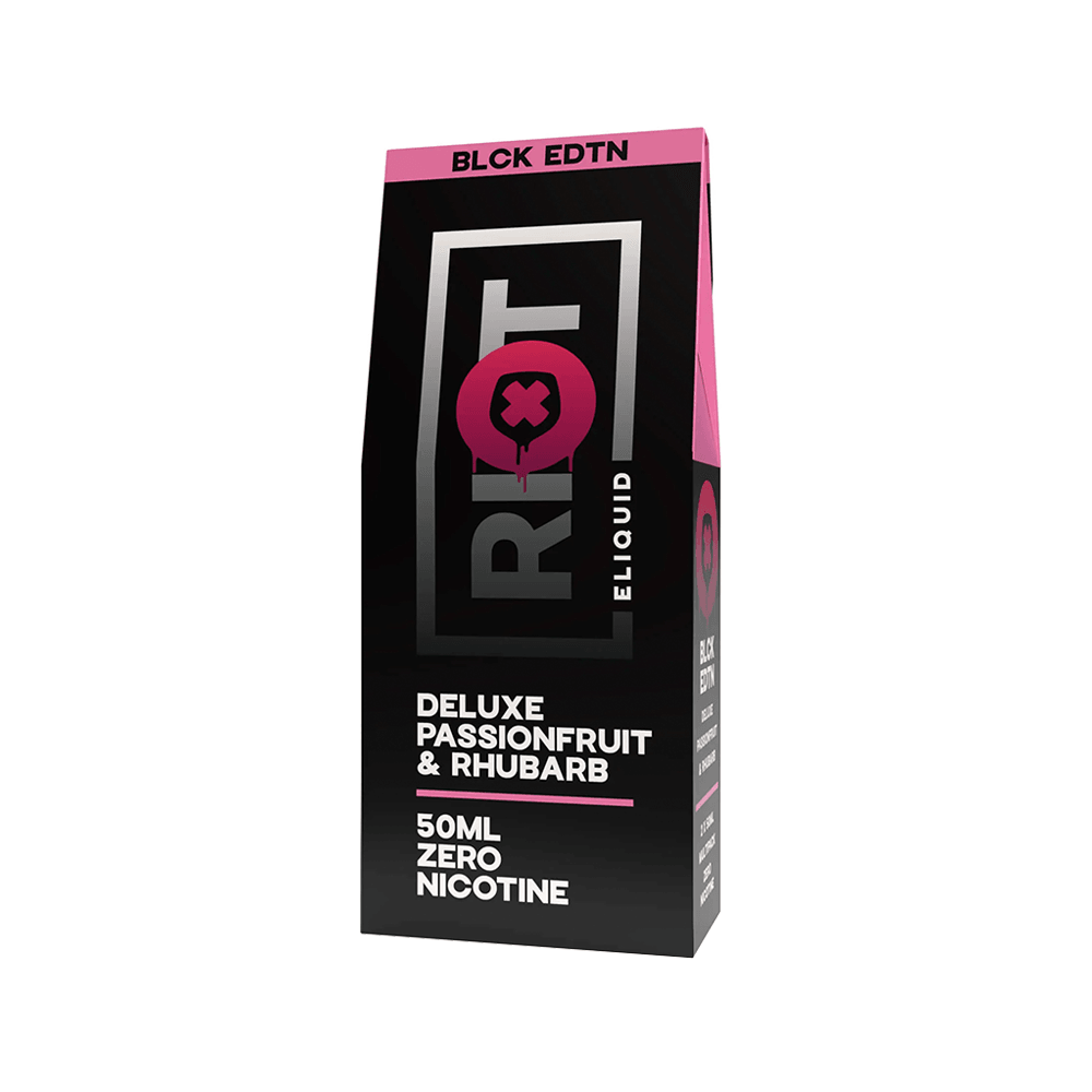 Riot Squad Black Edition e-liquid box with passionfruit and rhubarb flavour, 50ml, zero nicotine.