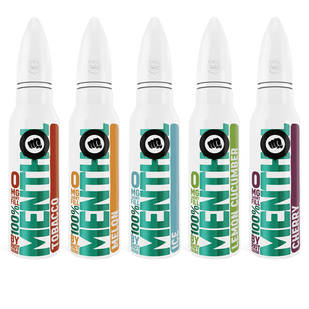 Five Riot Squad Menthol e-liquid bottles, each with a different flavour label.