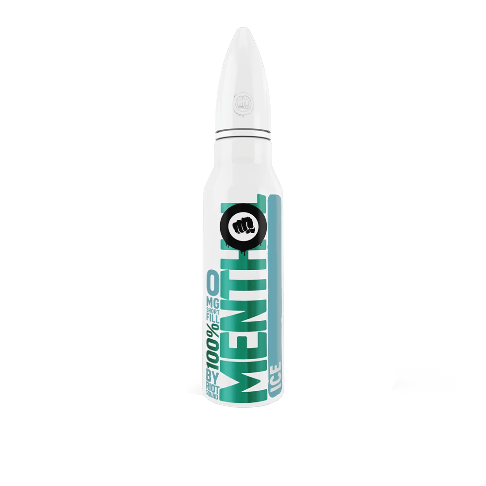 Riot Squad Menthol Ice vape juice bottle, 50ml shortfill, white and teal design.