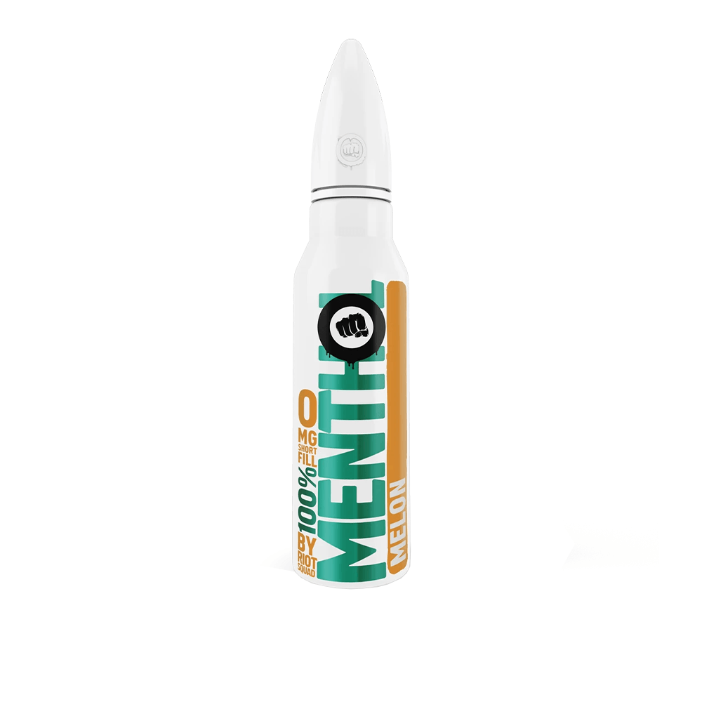 Riot Squad Menthol Melon vape juice bottle, 50ml shortfill, white with colourful text.