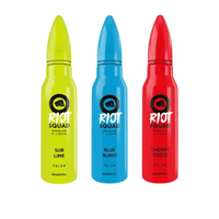 Three Riot Squad e-liquid bottles: Sub Lime (green), Blue Burst (blue), Cherry Fizzle (red).