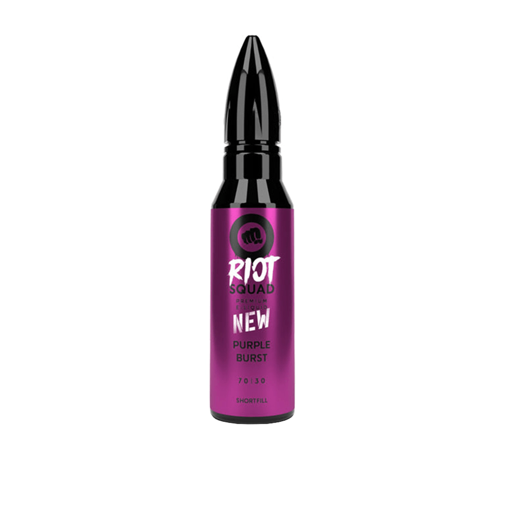 Riot Squad Purple Burst vape juice bottle with a bullet-shaped cap.