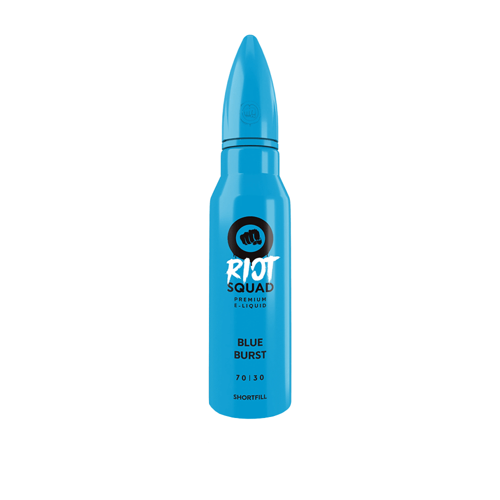 Blue Riot Squad e-liquid bottle with "Blue Burst" label, bullet-shaped design.