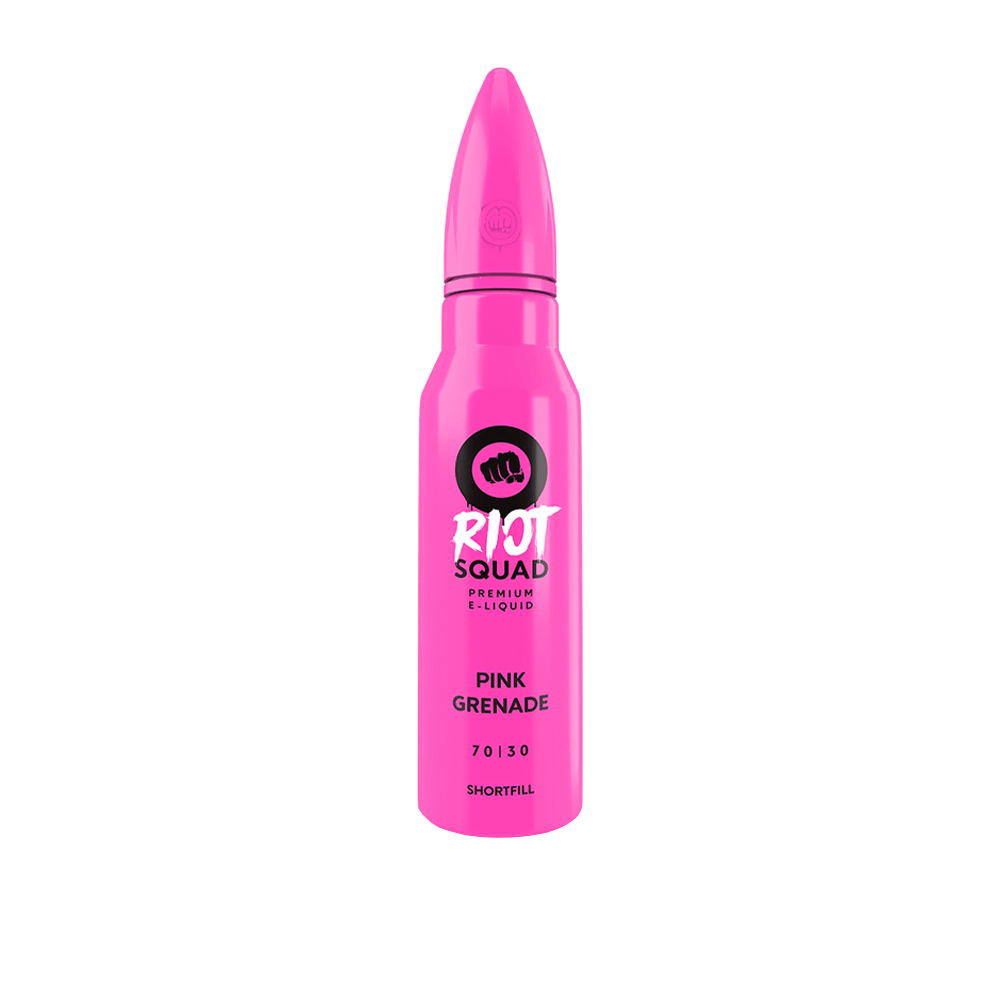 Bright pink Riot Squad e-liquid bottle with grenade shape and logo.