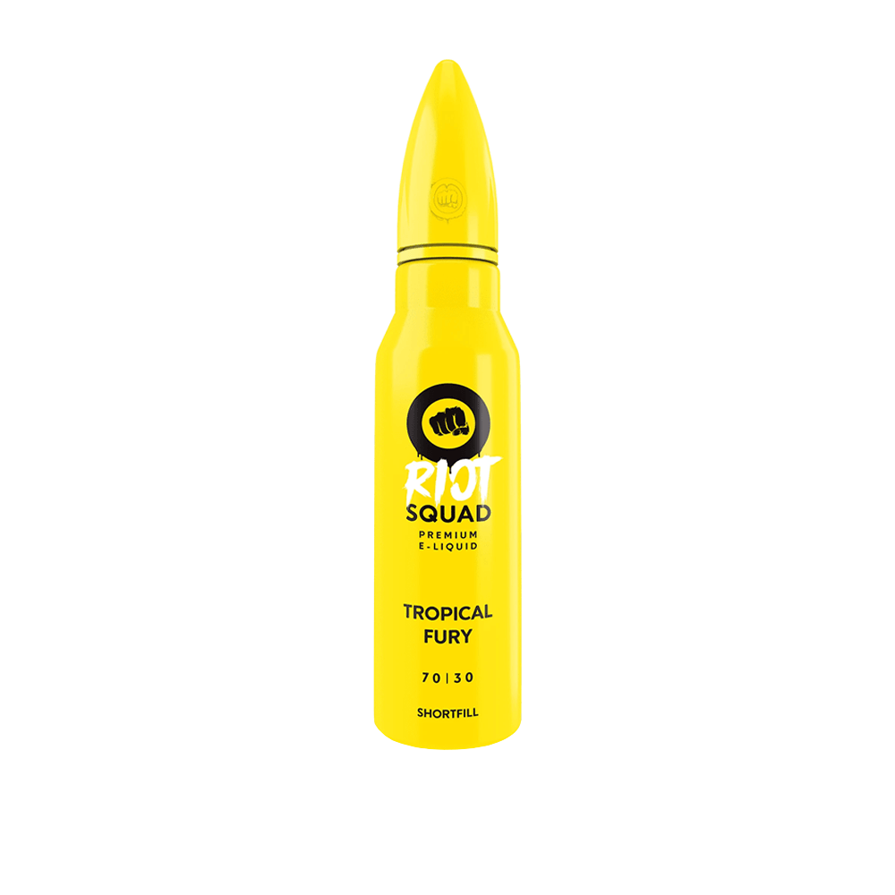 Bright yellow Riot Squad e-liquid bottle labeled "Tropical Fury."