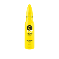 Bright yellow Riot Squad e-liquid bottle labeled "Tropical Fury."