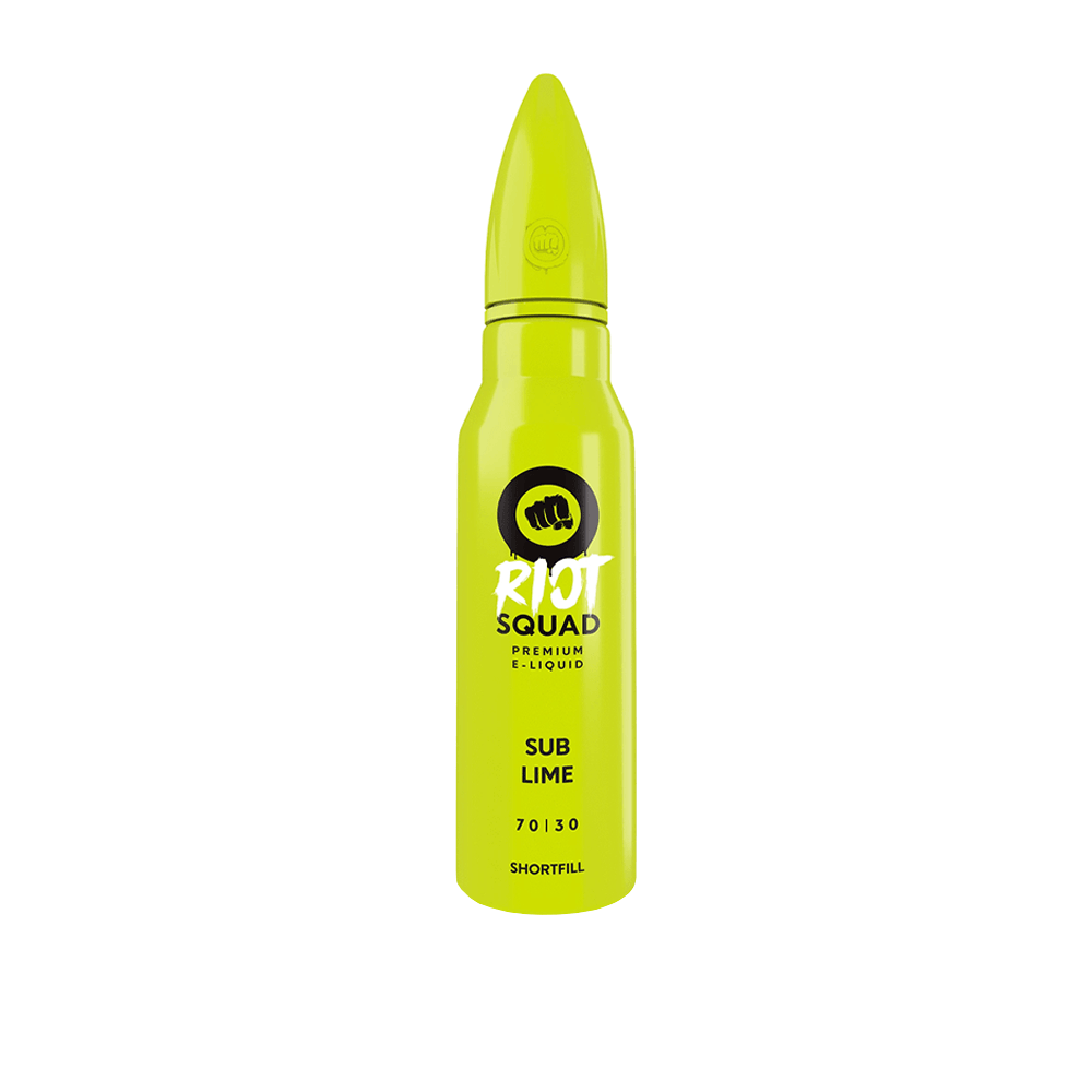 Bright green Riot Squad Sub Lime vape juice bottle, bullet-shaped design.