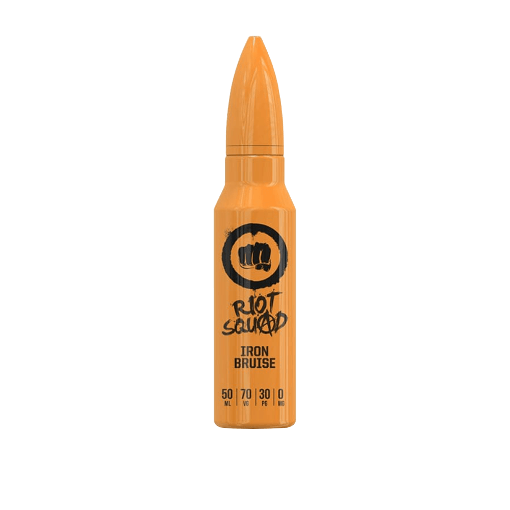 Riot Squad Iron Bruise vape juice bottle, orange bullet-shaped design, 50ml shortfill.