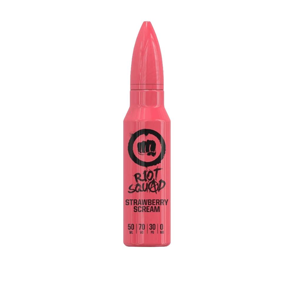 Red bottle of Riot Squad Strawberry Scream e-liquid, bullet-shaped design.