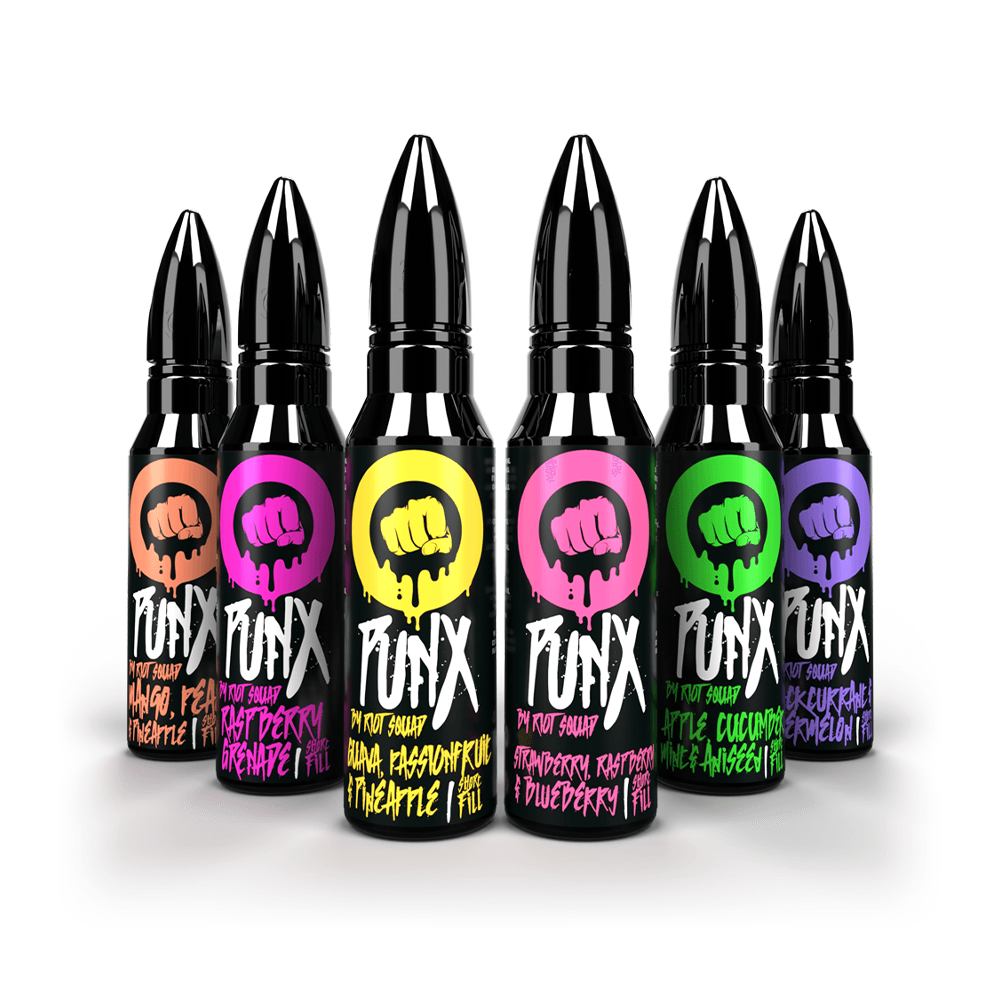 Six colourful Riot Squad Punx vape bottles with bold labels in a row.