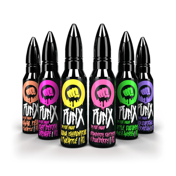 Six colourful Riot Squad Punx vape bottles with bold labels in a row.