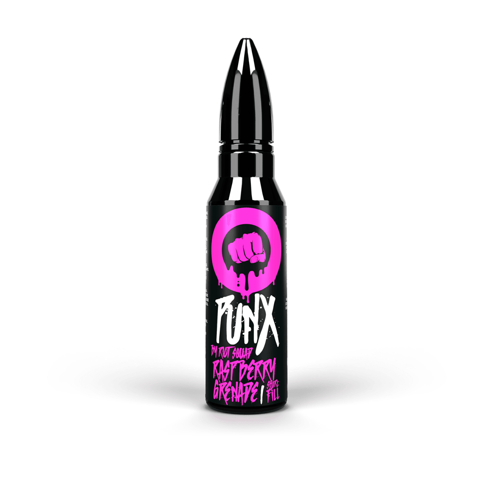 Riot Squad Punx Raspberry Grenade vape juice bottle with bold pink and black design.