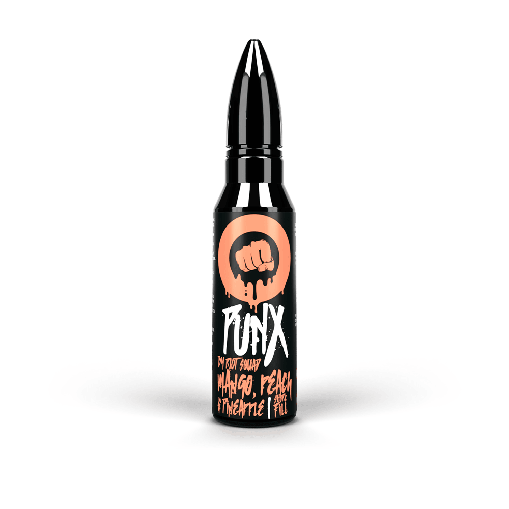 Riot Squad Punx Mango, Peach & Pineapple vape juice bottle.