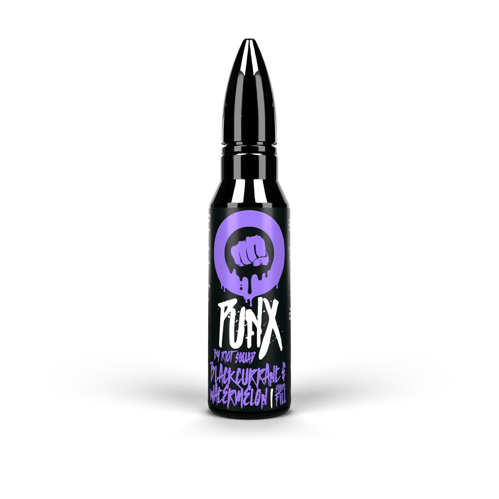 Riot Squad Punx vape juice bottle, blackcurrant and watermelon flavour.