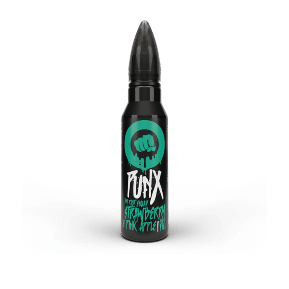 Riot Squad Punx Strawberry & Pink Apple e-liquid bottle with a black and teal design.