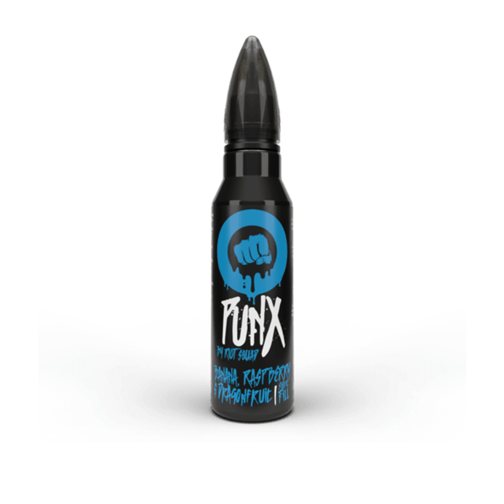 Riot Squad Punx e-liquid bottle with blue fist logo and flavour text.