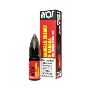 Riot X Nic Salt 10ml Morello Cherry & Banana Flavour is available in 5mg,10mg and 20mg Strength 