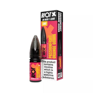 Riot X Nic Salt 10ml Passionfruit Orange Guava Flavour is available in 5mg,10mg and 20mg Strength 