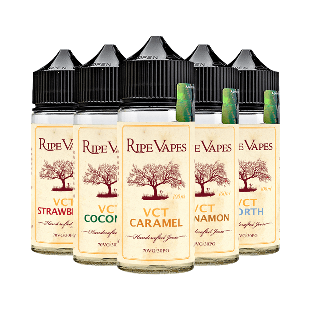 Five Ripe Vapes 100ml e-liquid bottles: VCT Strawberry, Coconut, Caramel, Cinnamon, and North.