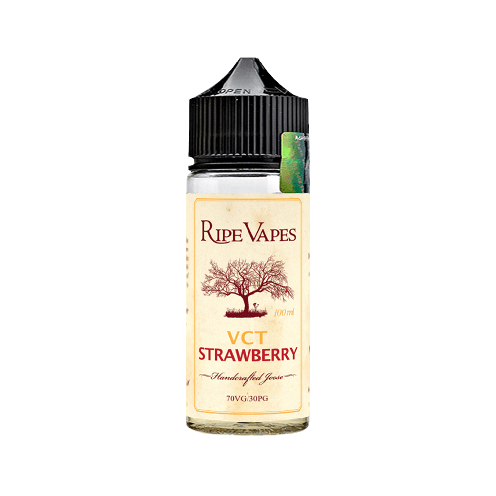 Ripe Vapes VCT Strawberry 100ml shortfill bottle with a black cap and cream label.