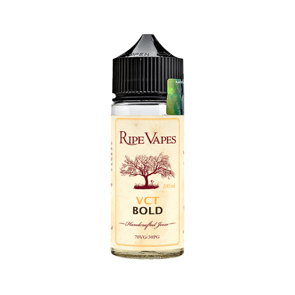 Ripe Vapes VCT Bold 100ml shortfill bottle with a black cap and beige label.