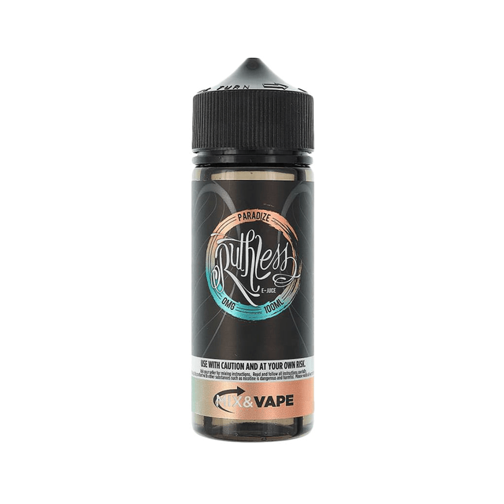 Ruthless Paradize 100ml shortfill vape juice bottle with black cap and colorful label.