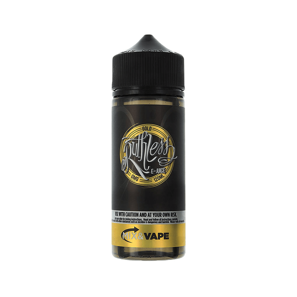 Ruthless 100ml e-liquid bottle with black and gold label, MTX & Vape branding.