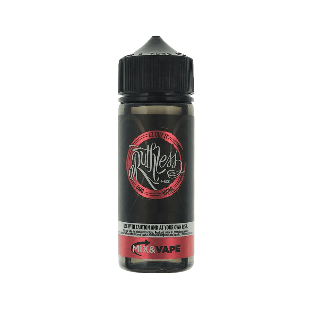 Ruthless e-liquid 100ml shortfill bottle with black cap and red label, Mix & Vape branding.