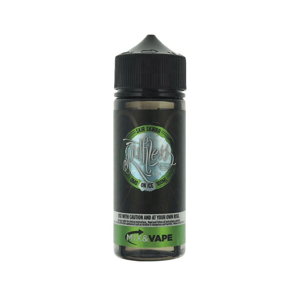 Ruthless Skir Skirrr on Ice 100ml vape juice bottle with Mix & Vape branding.