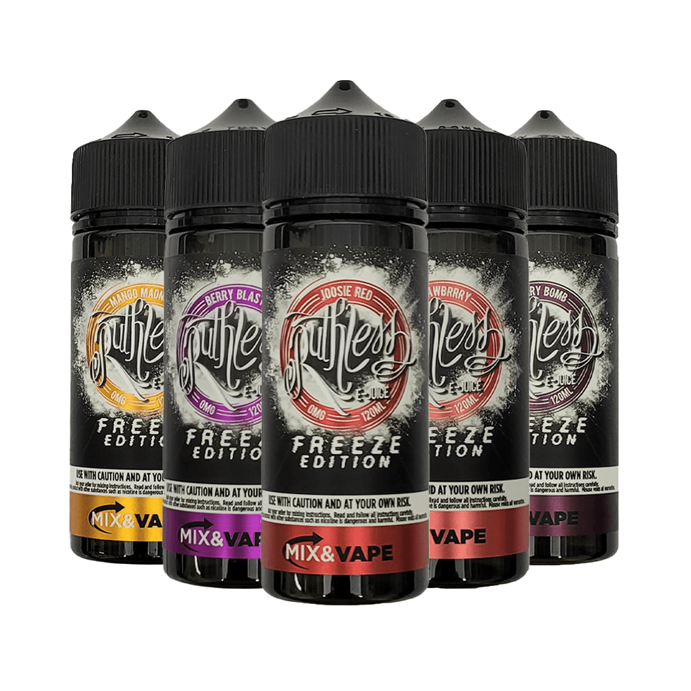 Five Ruthless Freeze Edition vape juice bottles in various flavours.