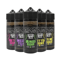 Five bottles of Sadboy Cookie Line e-liquid, featuring various flavours like Shamrock Cookie.