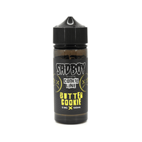 Sadboy Butter Cookie e-liquid bottle, 100ml, black label with yellow text.