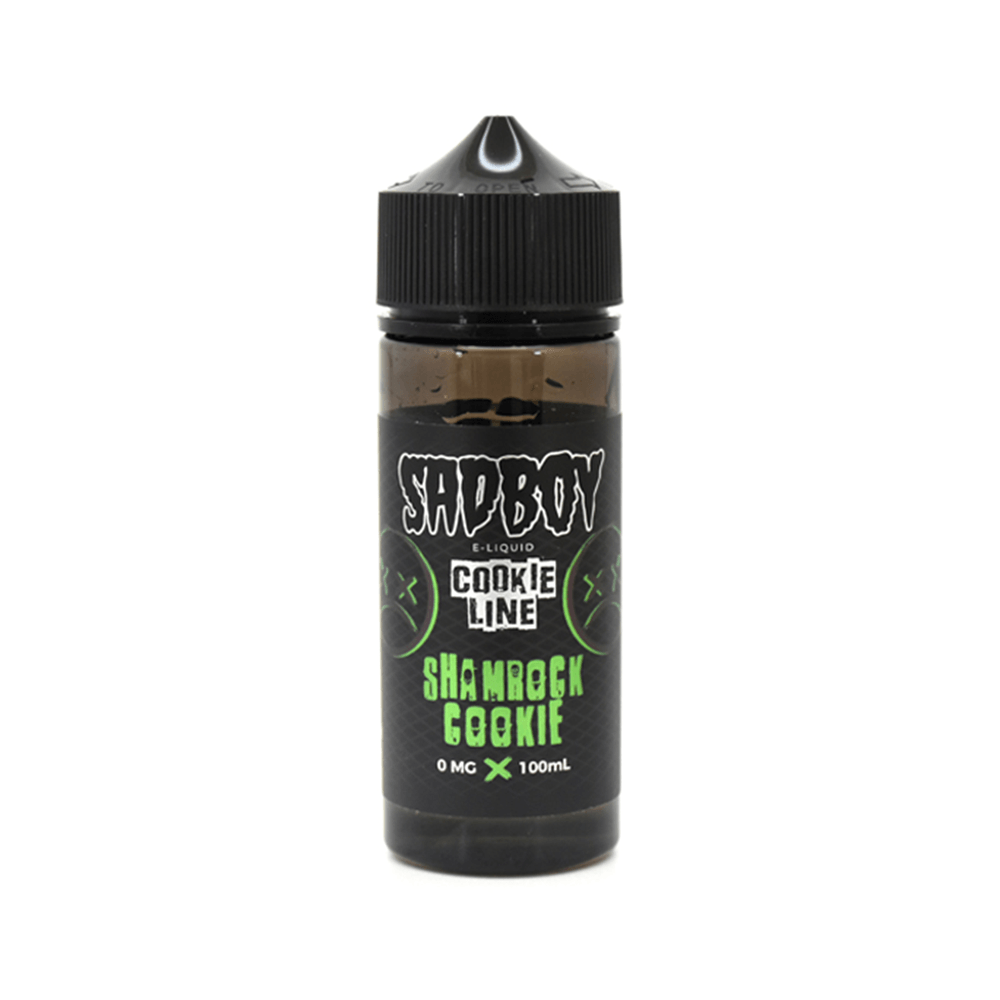 Sadboy Shamrock Cookie e-liquid bottle, 100ml shortfill, black label with green accents.