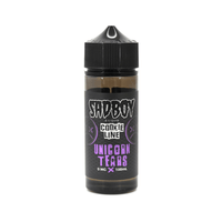 Sad Boy Cookie Line Unicorn Tears 100ml e-liquid bottle with black cap and purple label.