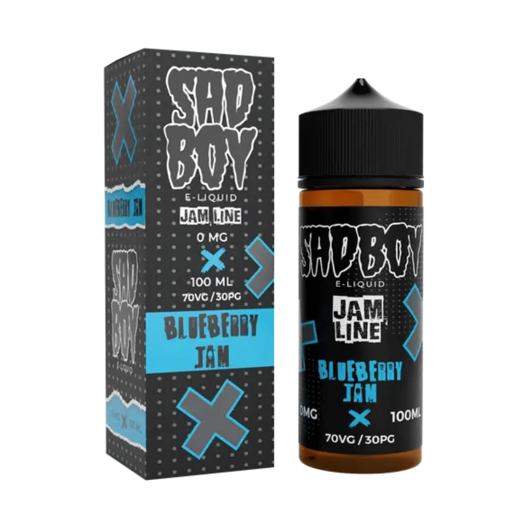 Sadboy Blueberry Jam e-liquid bottle and box, 100ml, with bold blue and black design.