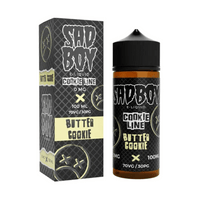 Sadboy Butter Cookie e-liquid 100ml shortfill bottle and box, black and yellow design.