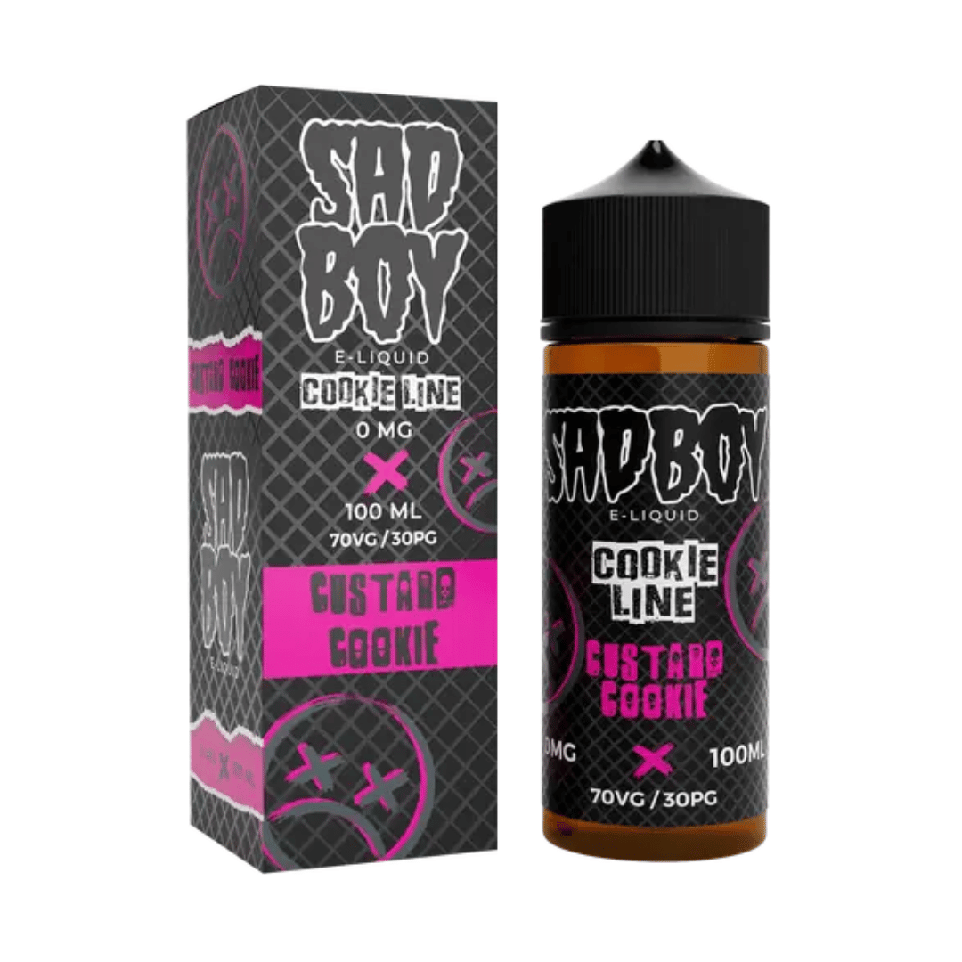 Sadboy Custard Cookie e-liquid bottle and box, 100ml, 0mg nicotine, black and pink design.