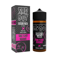 Sadboy Custard Cookie e-liquid bottle and box, 100ml, 0mg nicotine, black and pink design.