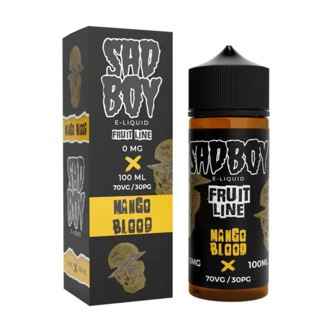 Sad Boy Mango Blood 100ml shortfill e-liquid bottle and box with black and yellow design.