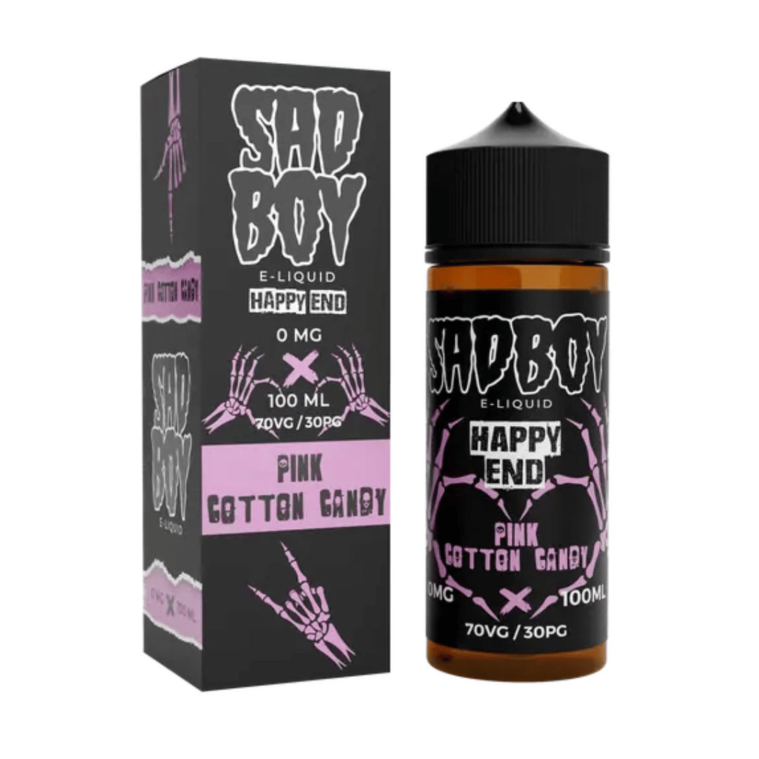 Sadboy Happy End Pink Cotton Candy 100ml e-liquid bottle and box with skeleton hand design.