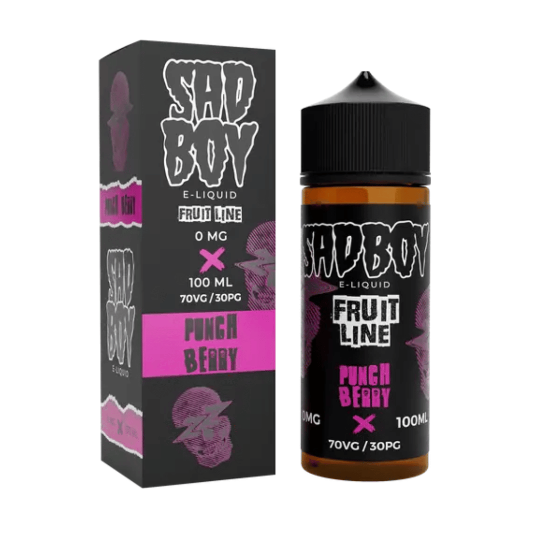 Sad Boy Punch Berry e-liquid bottle and box, 100ml, 0mg, fruit line branding.