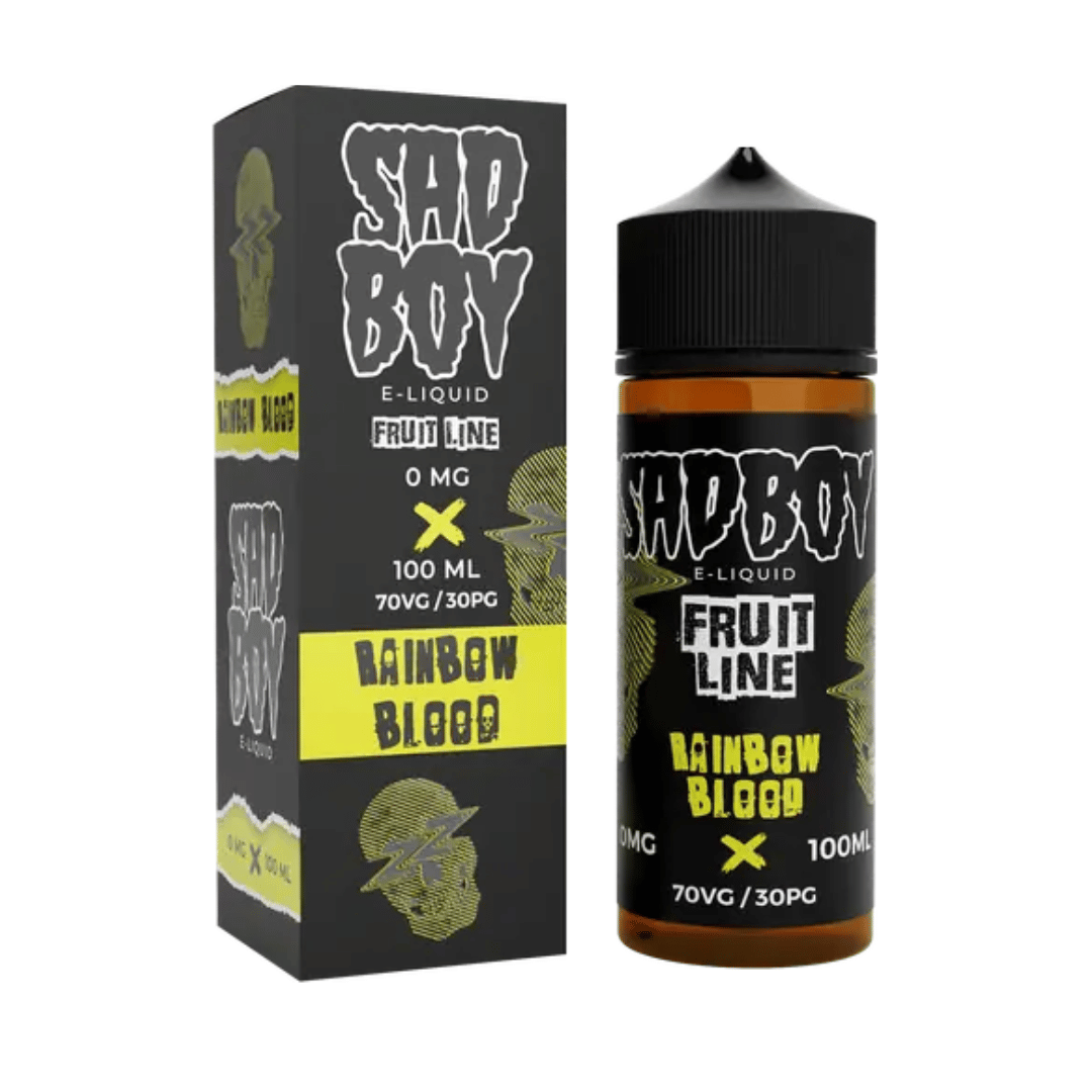 Sad Boy Rainbow Blood e-liquid bottle and box, 100ml, 0mg nicotine, Fruit Line branding.