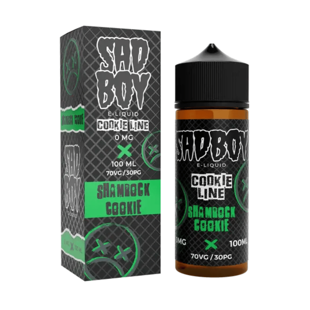 Sadboy Shamrock Cookie e-liquid, 100ml bottle and box, with green and black design.