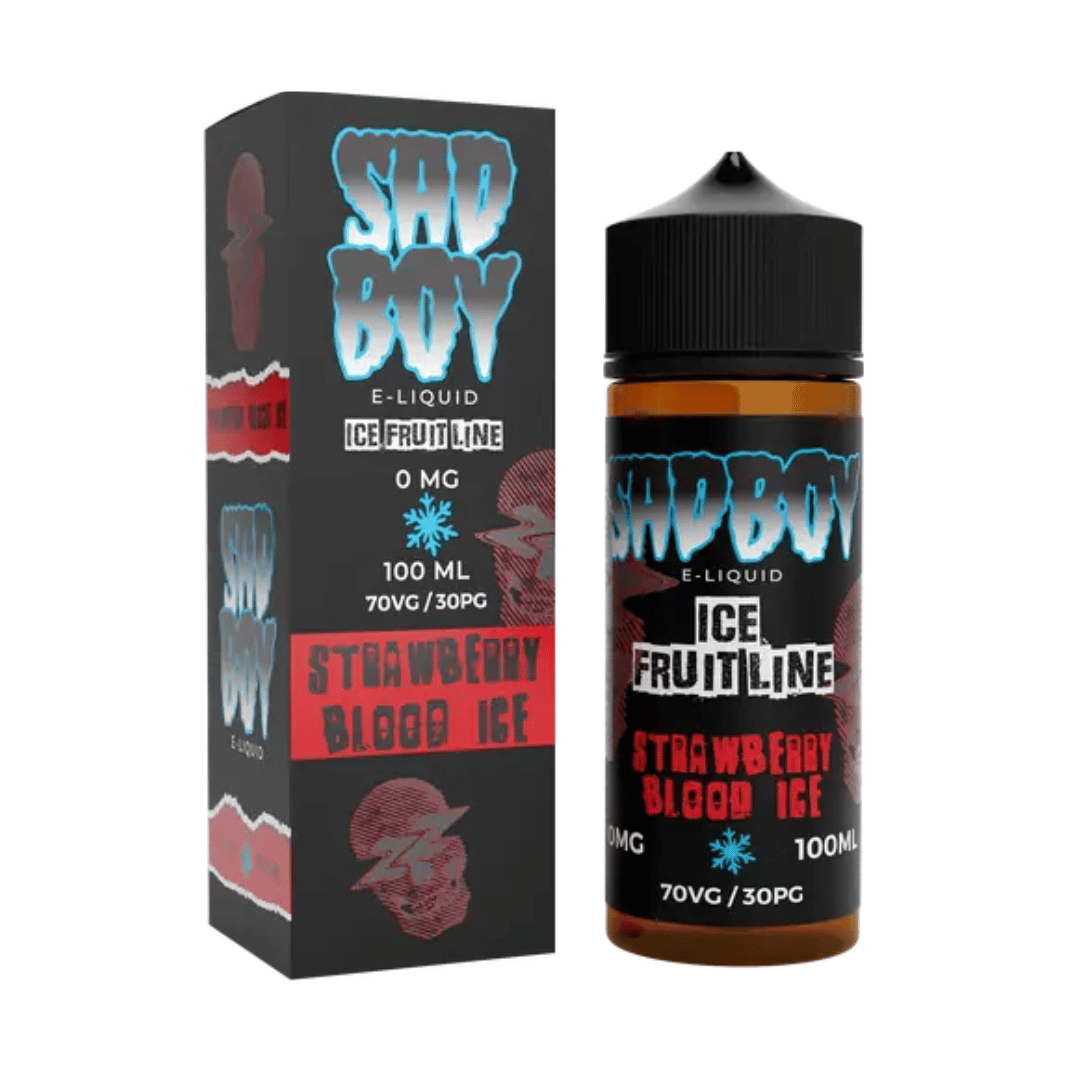 Sadboy Ice Fruit Line Strawberry Blood Ice e-liquid, 100ml bottle and box, 0mg nicotine.