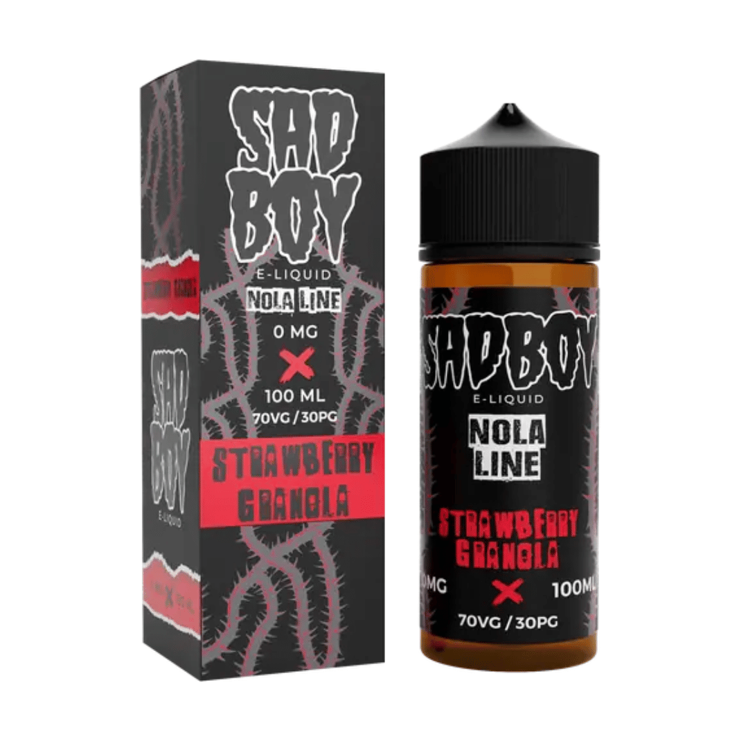 Sadboy Nola Line Strawberry Granola 100ml e-liquid bottle and box with red-black design.