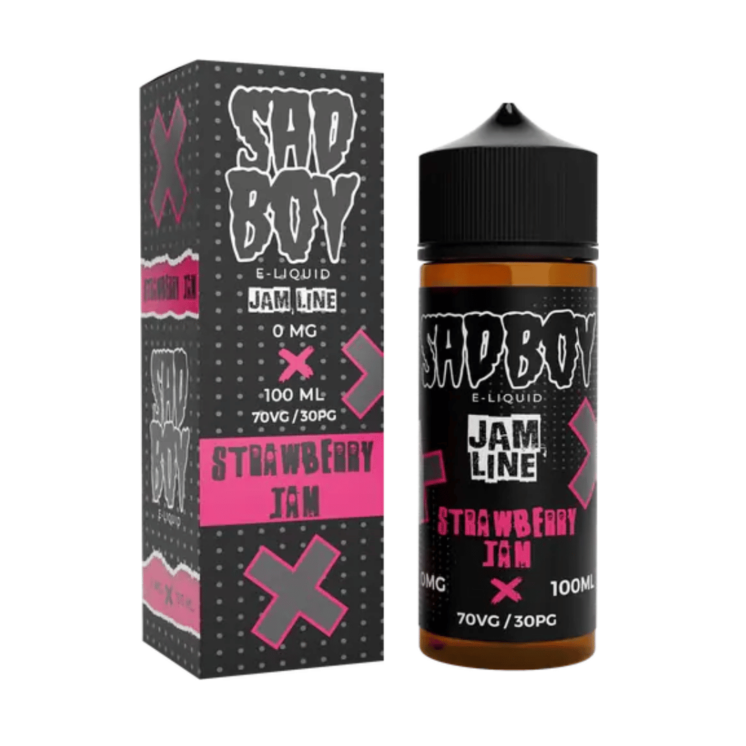 Sadboy E-Liquid Strawberry Jam 100ml bottle and box, black with pink accents.