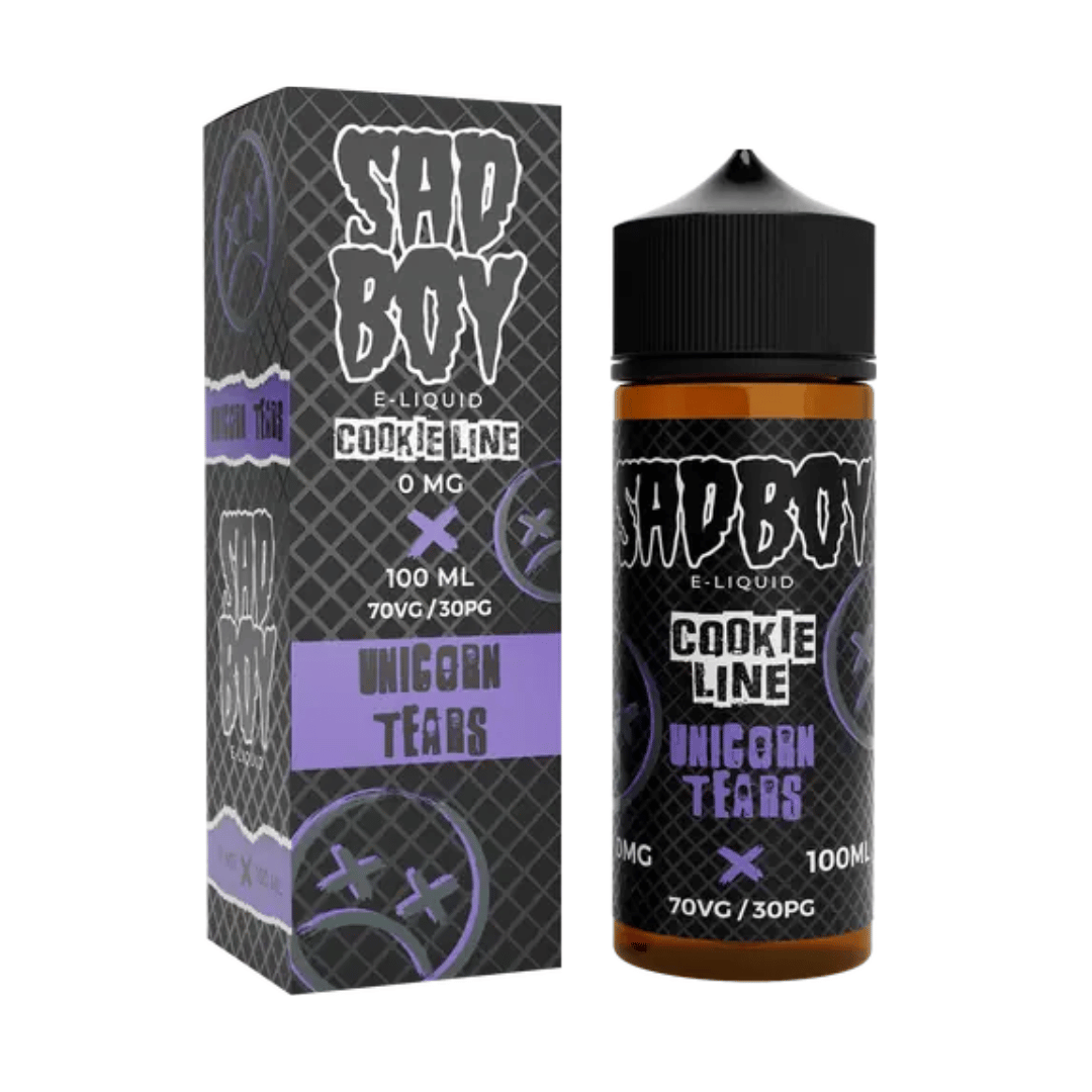 Sad Boy e-liquid, 100ml shortfill bottle and box, Cookie Line Unicorn Tears flavour, 0mg nicotine.